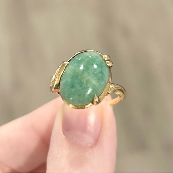 14K Large Aventurine Jade natural sparkling medium green vintage solid gold ring - Picture 7 of 11